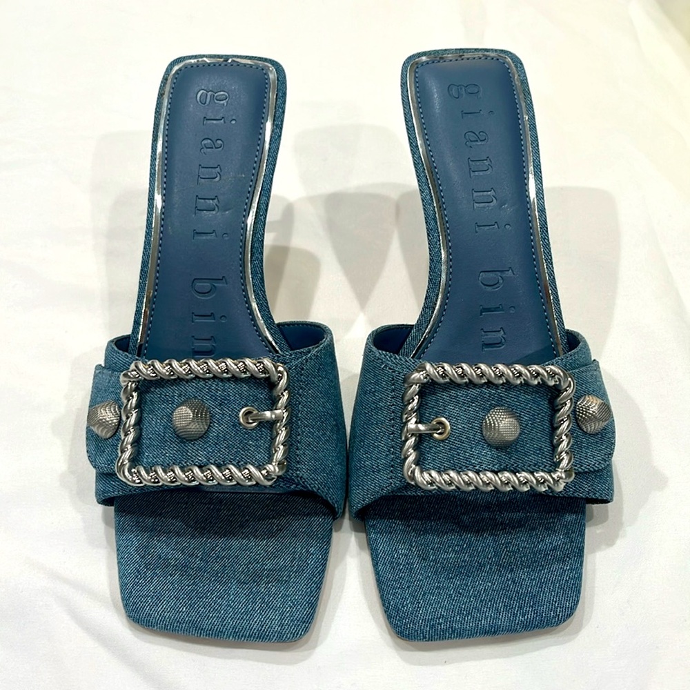 Gianni Bini Blue Denim Mules with Decorative Buckle (8) - Picture 2 of 5